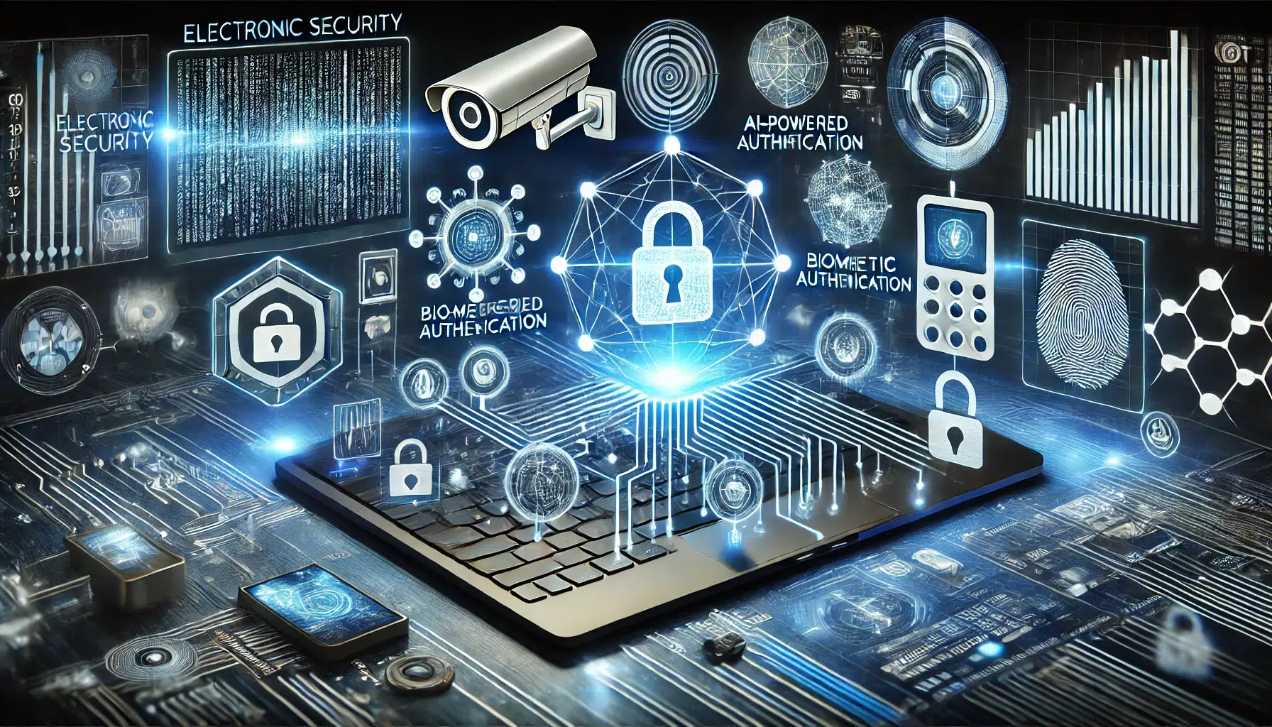 DALL·E 2025-01-30 17.05.22 – A futuristic digital representation of electronic security innovations. The image features high-tech security elements such as advanced surveillance c innovations en sécurité